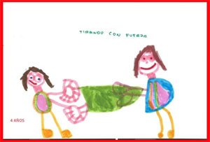 dibujo de un niño sobre la actividad de "tirar con fuerza" de los extremos de una sábana