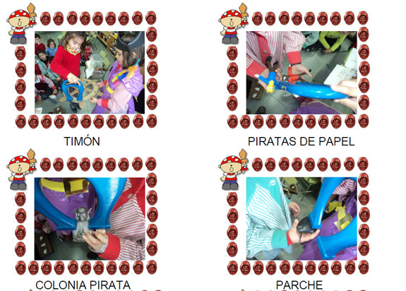 Fotografías del timón, de los piratas de papel, la colonia pirata y el parche.