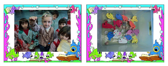 Imagen de los niños con la caña de pescar y de los peces