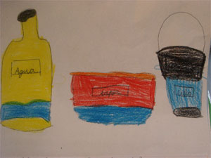 Conclusiones de los alumnos, dibujos de diferentes recipientes con agua.