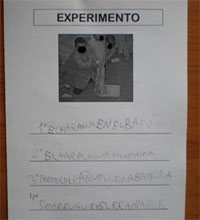 Experimento: 1º Echar agua en el vaso, 2º Echar agua en la bandeja, 3º Meter el pañuelo en la bandeja, 4º Secar el pañuelo en el radiador.