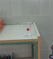 Vaso con el gomet rojo  encima de un mueble